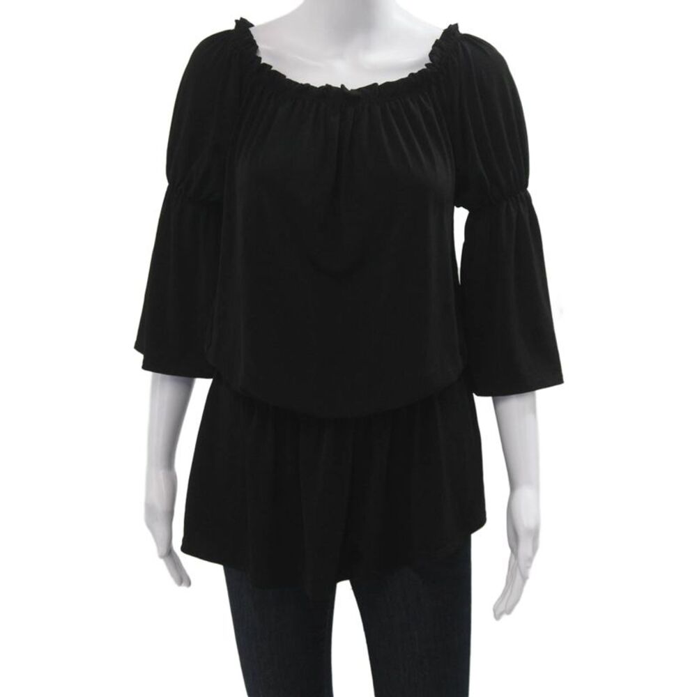 Submarine Womens Bohemian Black Tunic Blouse 3/4 Sleeve Polyester Size S